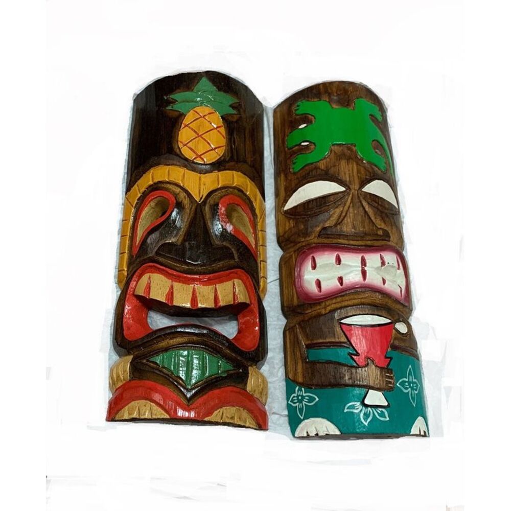 Set of 2 Hand Carved Wood Tiki Masks 12 Inch